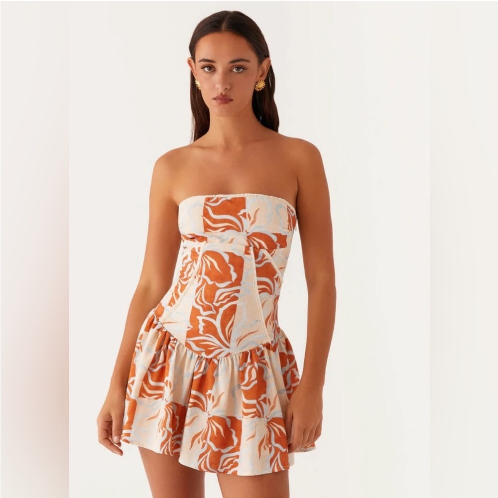 Peppermayo larnie linen mini dress strapless - orange blue floral